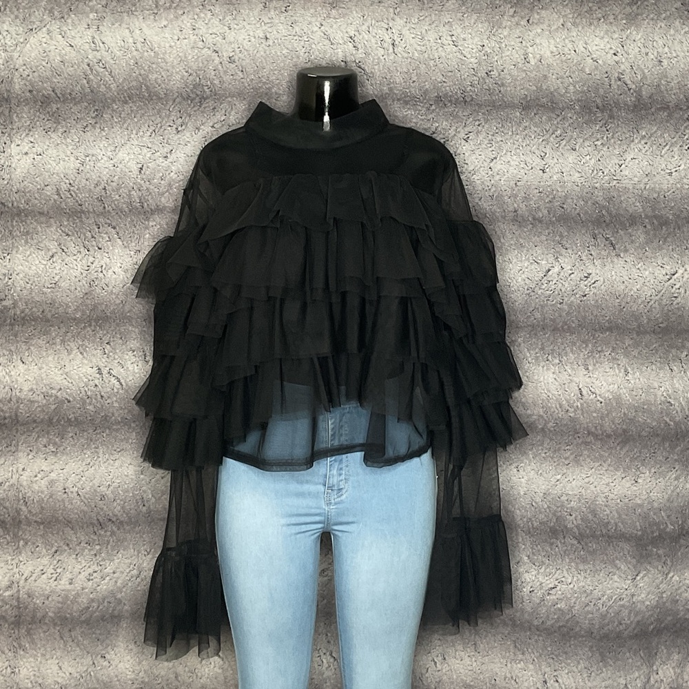 Elegant Black Ruffled Women’s Sheer Top